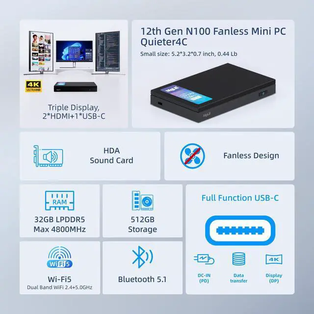 Alt view image 2 of 5 - MeLE Quieter4C Fanless Mini PC 32GB RAM LPDDR5 512GB(NO OS) 12th Alder Lake N100 (up to 3.4GHz 4C/4T) Micro Desktop Computer, Support 4K Triple Display,Dual HDMI,All-in-One USB-C WiFi 5 BT5.1 Ethernet