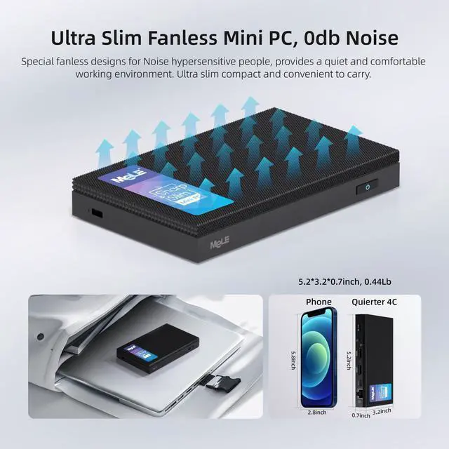 Alt view image 5 of 5 - MeLE Quieter4C Fanless Mini PC 32GB RAM LPDDR5 512GB(NO OS) 12th Alder Lake N100 (up to 3.4GHz 4C/4T) Micro Desktop Computer, Support 4K Triple Display,Dual HDMI,All-in-One USB-C WiFi 5 BT5.1 Ethernet