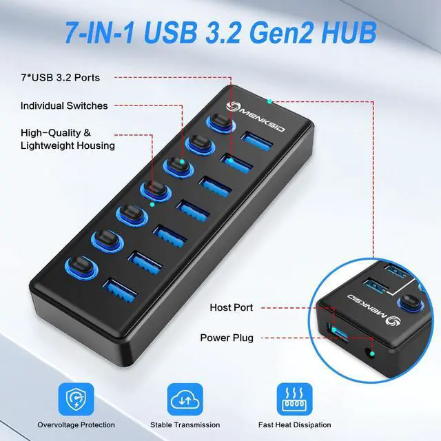 Alt view image 2 of 5 - 7-Port USB 3.2 Hub, Data USB Hub Splitter with Individual On/Off Switches and Lights, Compatible with Laptop, PC, MacBook, Mac Pro, Mac mini, iMac, Surface Pro and More