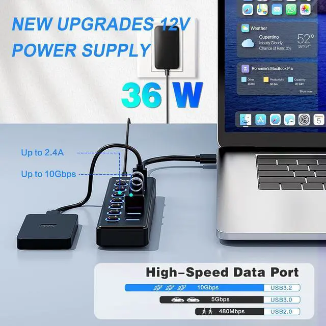 Alt view image 3 of 5 - 7-Port USB 3.2 Hub, Data USB Hub Splitter with Individual On/Off Switches and Lights, Compatible with Laptop, PC, MacBook, Mac Pro, Mac mini, iMac, Surface Pro and More