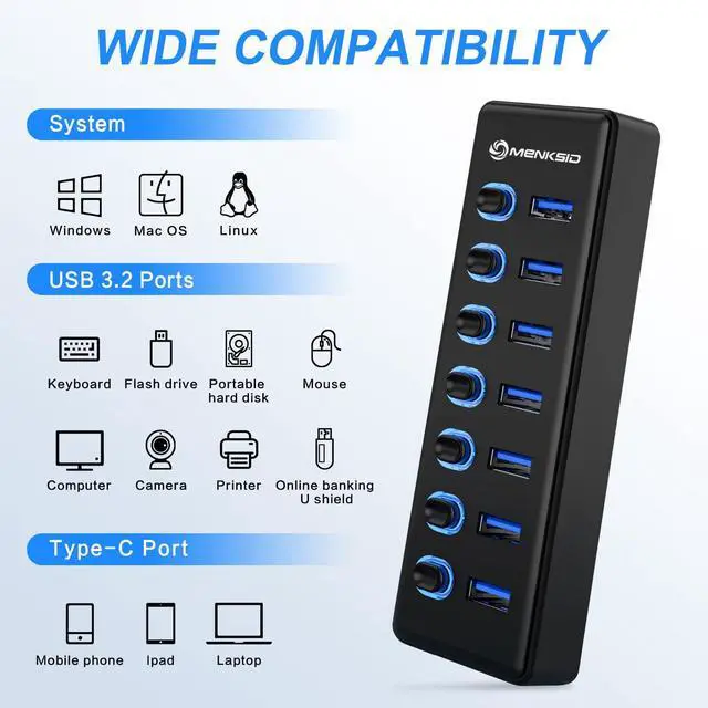 Alt view image 4 of 5 - 7-Port USB 3.2 Hub, Data USB Hub Splitter with Individual On/Off Switches and Lights, Compatible with Laptop, PC, MacBook, Mac Pro, Mac mini, iMac, Surface Pro and More
