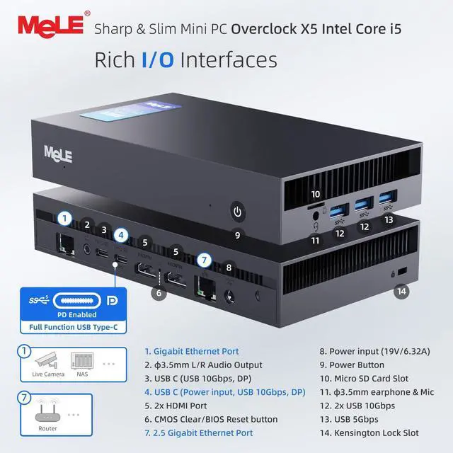 Alt view image 4 of 5 - MeLE Mini PC Overclock X5 Core i5-12450H (8C/12T,up to 4.4GHz), Ultra-Slim Computer 16GB RAM 512GB M.2 2280 PCle 4.0x4 SSD,4K Quad Screen Display/WiFi/BT5.2/USB3.2/Dual LAN