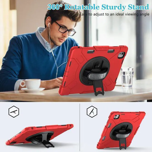 Alt view image 3 of 5 - Case for iPad Pro-13 Inch 7th Generation 2024: Military Grade Cover for iPad Pro-13 (M4) W/Screen Protector - Stand - Handle - Shoulder Strap - Pencil Holder- Red