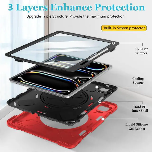 Alt view image 4 of 5 - Case for iPad Pro-13 Inch 7th Generation 2024: Military Grade Cover for iPad Pro-13 (M4) W/Screen Protector - Stand - Handle - Shoulder Strap - Pencil Holder- Red