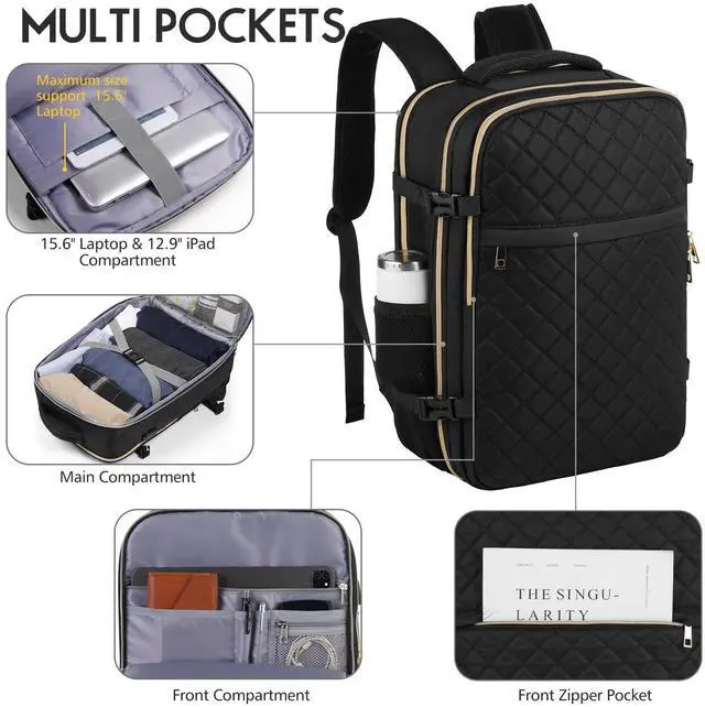 Alt view image 3 of 5 - MOMUVO Travel Backpack for Women, Carry On Backpack Airline Approved, 15.6 Inch Laptop Backpack with USB Charging Port, Casual Daypack for Weekender Business College, Black