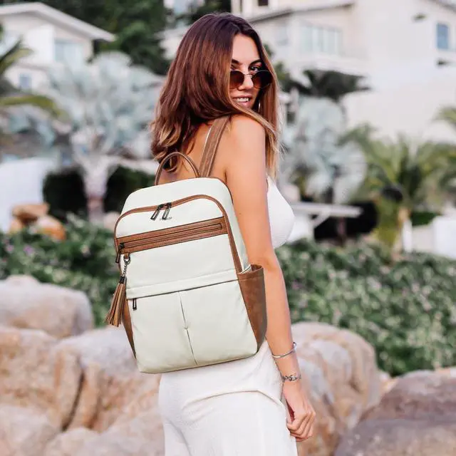 Alt view image 2 of 5 - Mroede Laptop Backpack for Women 15.6" Leather Backpacks Purse Work Computer Backpack for Travel College Business,Beige Brown