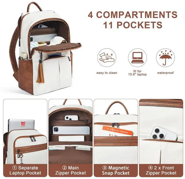 Alt view image 4 of 5 - Mroede Laptop Backpack for Women 15.6" Leather Backpacks Purse Work Computer Backpack for Travel College Business,Beige Brown