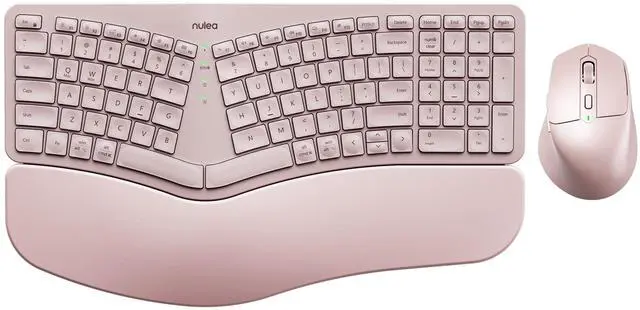 Main image of Nulea Advanced Ergonomic Wireless Keyboard and Mouse Combo, Comfortable Natural Typing, Palm Rest, Multi-Device (Bluetooth, 2.4G, Wired), Rechargeable, for Multi-OS, Windows, Mac, Android(Pink)