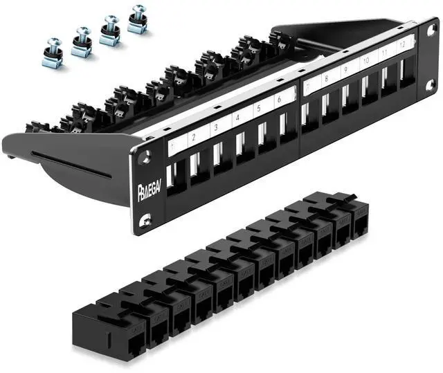 Main image of PBAEGAV Patch Panel 12 Port with 12 Pcs Cat6 Keystone JackEC Listed UTP 10G Support with Removable Back Bar 1U Network Patch Panel 10 Inch for Cat6,Cat5e,Cat5 (CAT6, 1U 12Port)