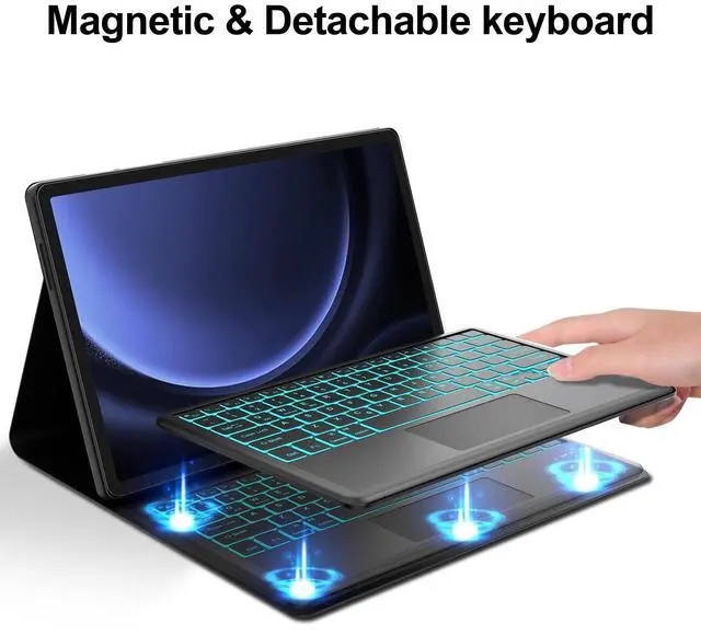 Alt view image 4 of 5 - Keyboard Case for Samsung Galaxy Tab S10 Plus/S9 FE Plus/S9 Plus 12.4 inch, 7 Color Backlit Magnetic Detachable Wireless Touchpad Keyboard, Slim Folio Cover Case with S Pen Holder for S9+/S9 FE+/S10+