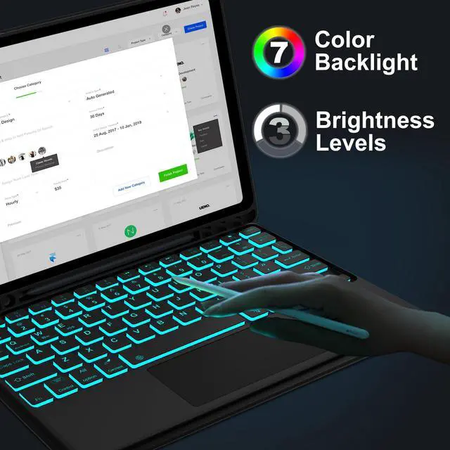 Alt view image 5 of 5 - Keyboard Case for Samsung Galaxy Tab S10 Plus/S9 FE Plus/S9 Plus 12.4 inch, 7 Color Backlit Magnetic Detachable Wireless Touchpad Keyboard, Slim Folio Cover Case with S Pen Holder for S9+/S9 FE+/S10+