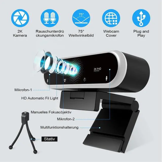 Alt view image 3 of 5 - NIVEOLI Webcam 2K with Microphone and Webcam Cover Plug and Play with Auto Light Correction for Laptop PC Desktop for Live Streaming Video Call Conference Online Lessons Game