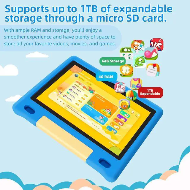 Alt view image 5 of 5 - NRKDUBQ Kids Tablet, 10.1 inch IPS HD Touchscreen Android 14 64 GB Storage, 8GB (4+4 Virtual) RAM, Octa Core Tablet for Kid with Kid-Proof Case, Parental Controls, 12-hr Battery, WiFi, GPS - Blue