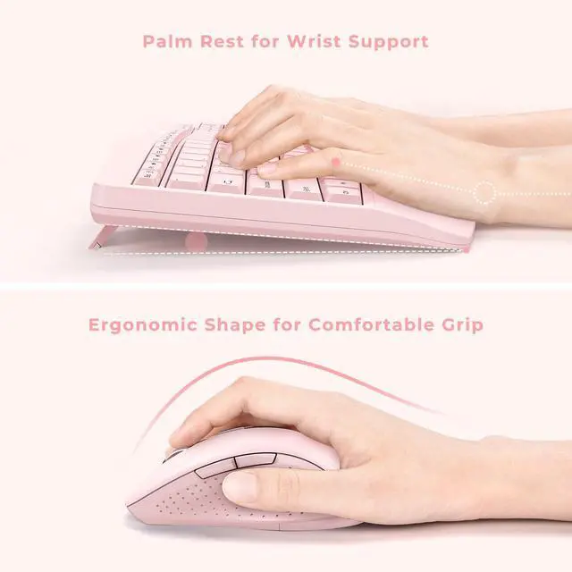Alt view image 2 of 5 - Wireless Keyboard and Mouse - Full Size Ergonomic Keyboard with Palm Wrist Rest Ergonomic Mouse Cordless for Windows Computers Laptops - Light Pink (Upgrade)