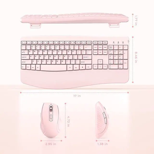 Alt view image 5 of 5 - Wireless Keyboard and Mouse - Full Size Ergonomic Keyboard with Palm Wrist Rest Ergonomic Mouse Cordless for Windows Computers Laptops - Light Pink (Upgrade)