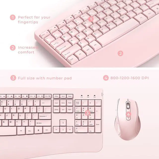 Alt view image 4 of 5 - Wireless Keyboard and Mouse - Full Size Ergonomic Keyboard with Palm Wrist Rest Ergonomic Mouse Cordless for Windows Computers Laptops - Light Pink (Upgrade)