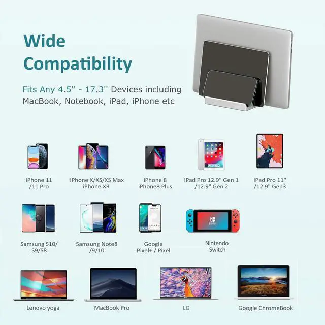 Alt view image 2 of 5 - Nukoi Vertical Laptop Stand - SPACEMax Adjustable GRIPLock Anti-Tip Silicone 4 Slots Aluminum Desktop Holder - Double Dock Stand - 2 Phone Slots Fits Up to 17.3" Laptops, Tablets, Phones - Silver