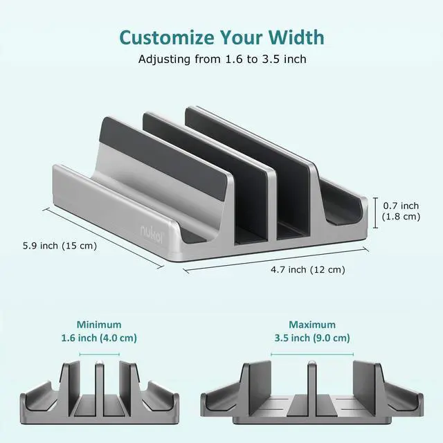 Alt view image 3 of 5 - Nukoi Vertical Laptop Stand - SPACEMax Adjustable GRIPLock Anti-Tip Silicone 4 Slots Aluminum Desktop Holder - Double Dock Stand - 2 Phone Slots Fits Up to 17.3" Laptops, Tablets, Phones - Silver
