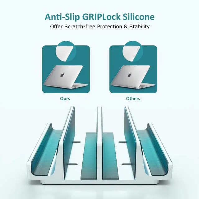 Alt view image 5 of 5 - Nukoi Vertical Laptop Stand - SPACEMax Adjustable GRIPLock Anti-Tip Silicone 4 Slots Aluminum Desktop Holder - Double Dock Stand - 2 Phone Slots Fits Up to 17.3" Laptops, Tablets, Phones - Silver