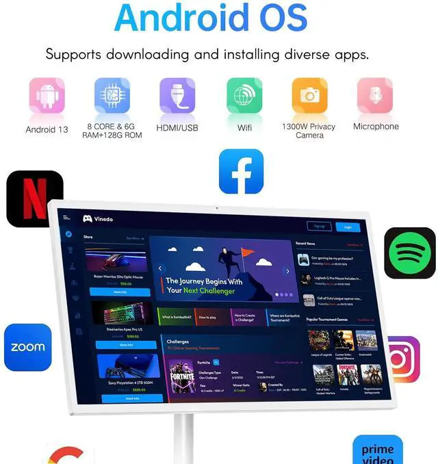 Alt view image 4 of 5 - OHYEAHSPIN 32 Inch Portable Smart Monitor on Wheels, 2K Touch Smart Screen Android OS, 8H Video Play Time, Remote Control Support Type-C, USB and HDMI Port Support Wireless Mouse Keyboard