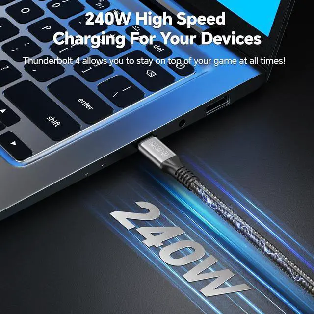 Alt view image 2 of 5 - Thunderbolt 4 Cable 6.6FT 240W USB4 Supports 40Gbps High-Speed Data Transfer/8K/Dual 4K Display USB C to C Fast Charging for Thunderbolt 4/3 Monitor/Hub/Docking Stations and More Grey
