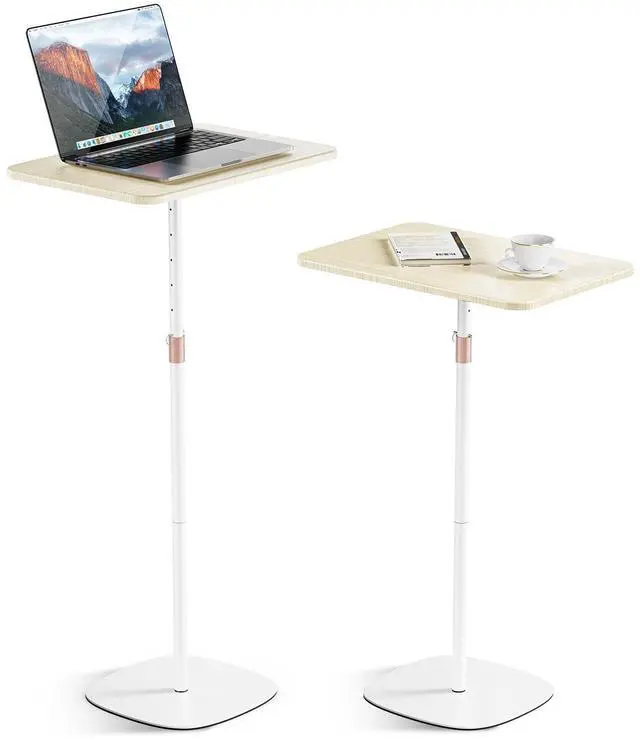 Main image of POLESTO Portable Laptop Floor Stand, Bedside/Sofa Table with Height Adjustable 18''~48'', Sleek Wooden Lectern Standing Desk Mobile Podium for Home, Office, School, White