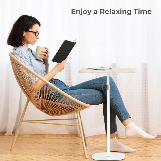 Alt view image 2 of 5 - POLESTO Portable Laptop Floor Stand, Bedside/Sofa Table with Height Adjustable 18''~48'', Sleek Wooden Lectern Standing Desk Mobile Podium for Home, Office, School, White