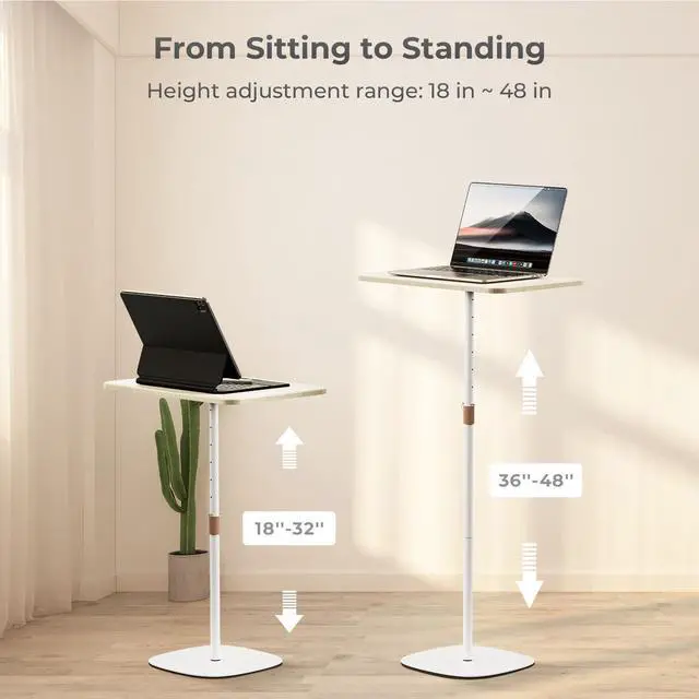 Alt view image 3 of 5 - POLESTO Portable Laptop Floor Stand, Bedside/Sofa Table with Height Adjustable 18''~48'', Sleek Wooden Lectern Standing Desk Mobile Podium for Home, Office, School, White