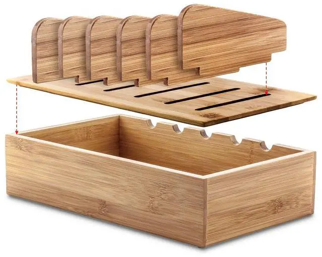 Alt view image 2 of 5 - Prosumer's Choice Bamboo Recipe Box w/Fold Out Tablet and Smartphone Stand for 4x6 inch Cards Natural Bamboo Charging Station Rack for Smartphones and Tablets