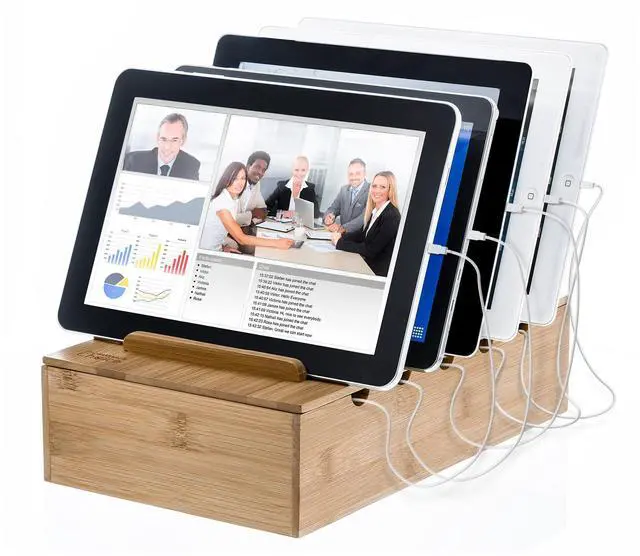 Alt view image 4 of 5 - Prosumer's Choice Bamboo Recipe Box w/Fold Out Tablet and Smartphone Stand for 4x6 inch Cards Natural Bamboo Charging Station Rack for Smartphones and Tablets