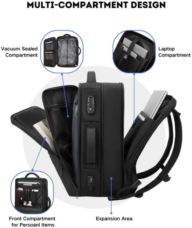 Alt view image 4 of 5 - POIXM 70L Vacuum Backpack for Travel with Pump, Expandable Vacuum Seal Compression Airback Backpack with TSA Lock, Charging Port, fit 19" Laptop, Water Waterproof, for Business Trip, College, Camping