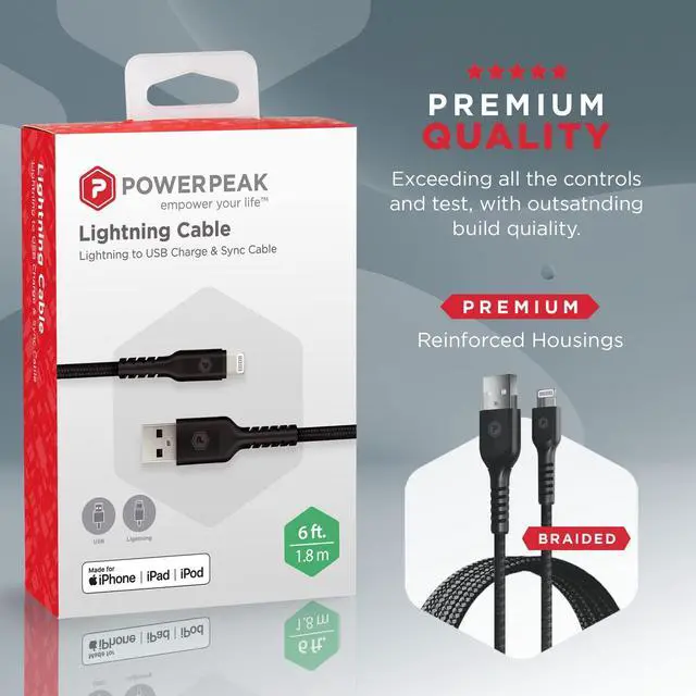 Alt view image 4 of 5 - POWERPEAK Lightning Cable 6ft, Braided Nylon Metallic iPhone Charger Cord, (MFi Certified) Lightning & Sync Cable Compatible iPhone 14/13 mini/13/12/11 Pro MAX/XR/XS/8/7/Plus/6S/SE/iPad - Black
