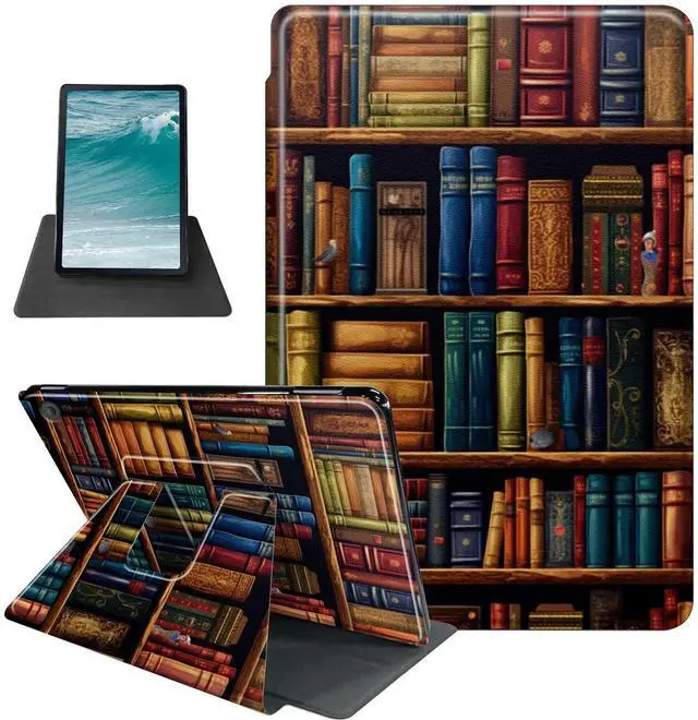 Main image of Rossy Case for Kindle Fire HD 8 & Fire HD 8 Plus Tablet (12th/10th Generation 2022/2020)+ Screen Protector 360 Degree Rotating Swivel PU Leather Cover with Auto Wake/Sleep,Library Bookshelfs
