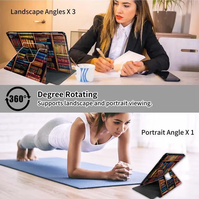 Alt view image 3 of 5 - Rossy Case for Kindle Fire HD 8 & Fire HD 8 Plus Tablet (12th/10th Generation 2022/2020)+ Screen Protector 360 Degree Rotating Swivel PU Leather Cover with Auto Wake/Sleep,Library Bookshelfs