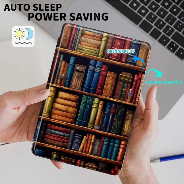 Alt view image 5 of 5 - Rossy Case for Kindle Fire HD 8 & Fire HD 8 Plus Tablet (12th/10th Generation 2022/2020)+ Screen Protector 360 Degree Rotating Swivel PU Leather Cover with Auto Wake/Sleep,Library Bookshelfs