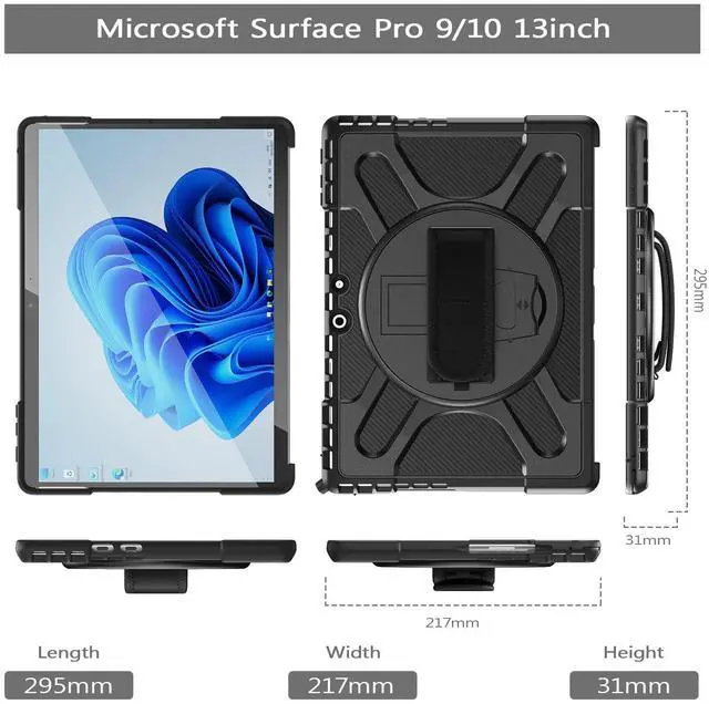 Alt view image 2 of 5 - Rantice Compatible with Microsoft Surface Pro 9/10/11 Case 13 inch, Heavy Duty Rugged Shockproof Drop Protection Case with 360 Rotating Stand,Hand Strap Compatible with Type Cover Keyboard (Black)
