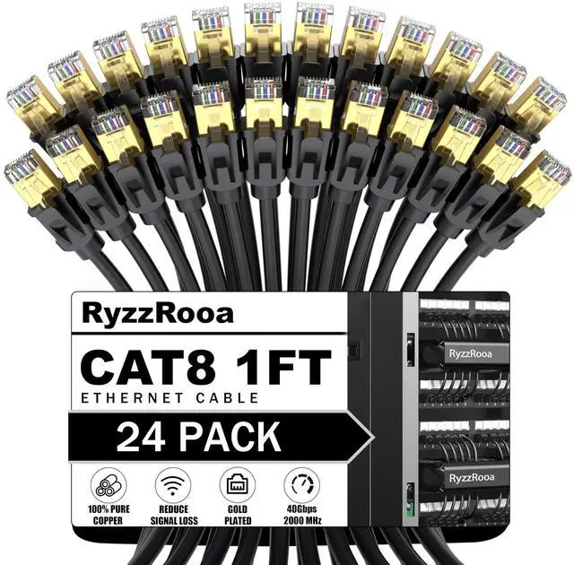 Main image of Cat 8 Ethernet Cable 1 FT 24-Pack, 40Gbps 2000MHz High Speed Cat8 Internet Cable, Shielded RJ45 Outdoor/Indoor Fastest LAN Cable for Router, Switch, Modem, PC, NAS, Patch Panel, Server, Gaming