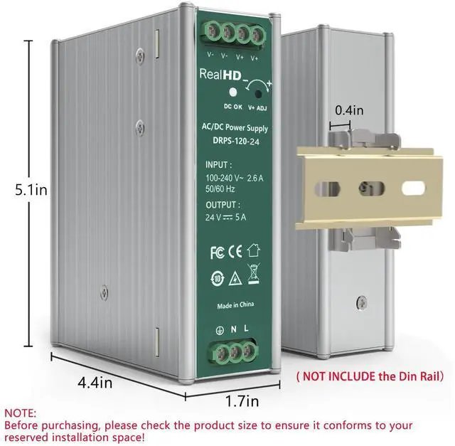 Alt view image 3 of 5 - Real HD 120 Watts 24VDC 5Amp Industrial DIN Rail Power Supply Single Output (24V 120W), Size 1.7 x 4.8 x 5.1inch