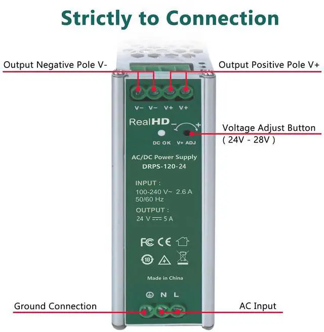 Alt view image 2 of 5 - Real HD 120 Watts 24VDC 5Amp Industrial DIN Rail Power Supply Single Output (24V 120W), Size 1.7 x 4.8 x 5.1inch