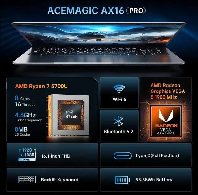 Alt view image 2 of 5 - ACEMAGIC 2025 Laptop, Laptop with AMD Ryzen 7 5700U (8C/16T, Up to 4.3GHz), 16GB RAM 512GB NVMe SSD Laptop Computer, Radeon RX Vega 8 Graphics, 16.1-inch FHD Display, WiFi 6, Backlit KB