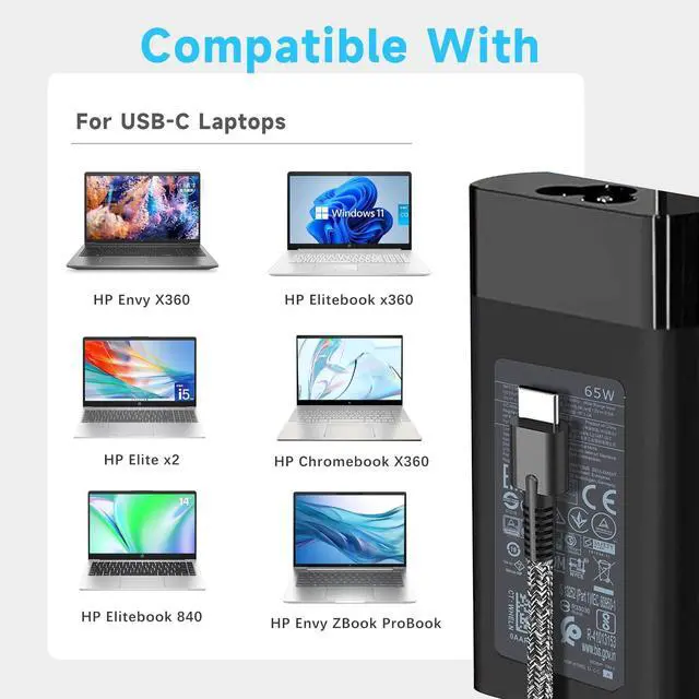 Alt view image 5 of 5 - VRAVEK 65W Laptop Charger for HP Envy X360 Elitebook x360 Elite x2 Chromebook X360,20V/3.25A AC Adapter for HP Chromebook Envy ZBook ProBook Type C Travel Fast Charging Laptop Power Cord Slim Tip