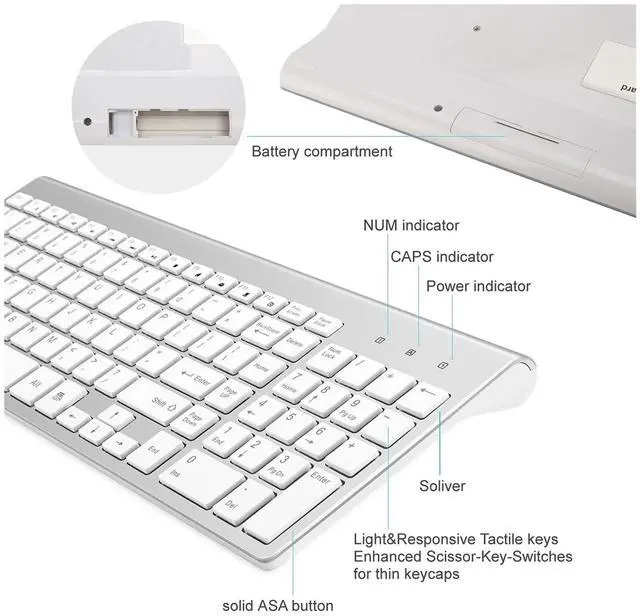 Alt view image 4 of 5 - Wireless Keyboard and Mouse Silver White Full Size 2.4G USB portables Quiet Compact for Mac PC Laptop Tablet Windows Silver White