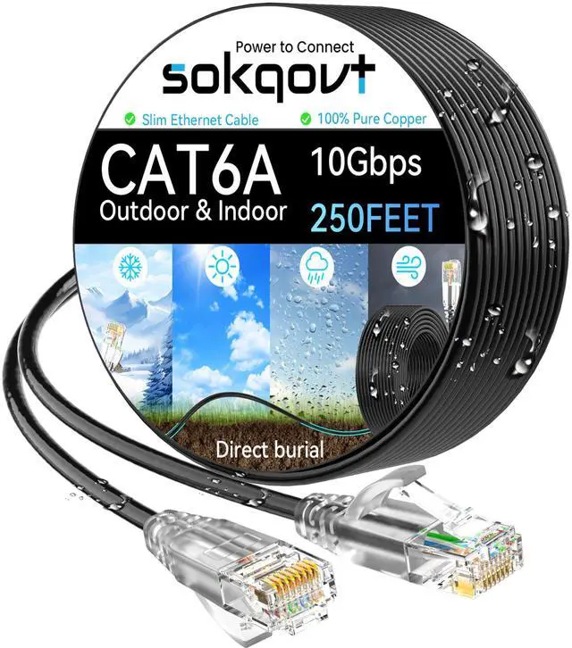 Main image of Cat6a Ethernet Cable Slim 250ft Outdoor&Indoor, 28AWG Pure Copper Cat6 Internet Cable for Waterproof & Direct Burial, Flexible Cat6 Ethernet Cable 10G 550MHZ, Cat 6 Network cable for Indoor Black