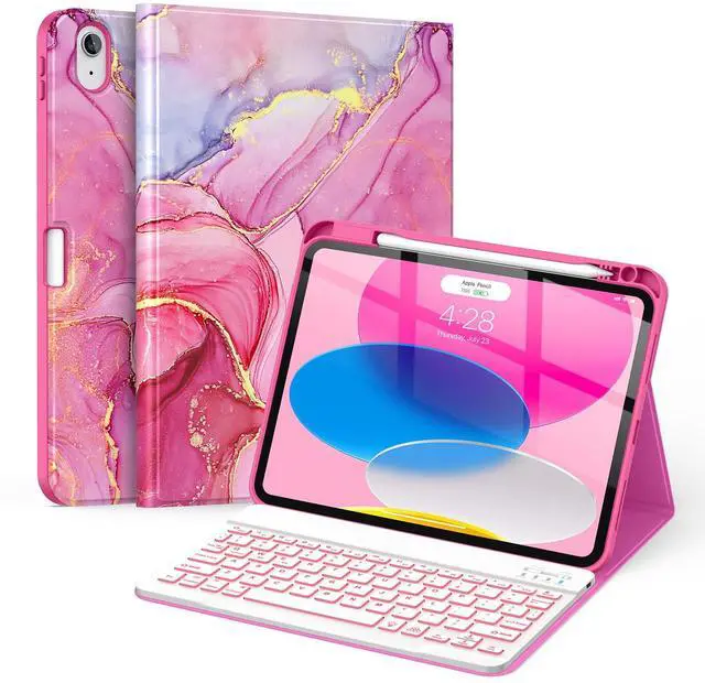 Main image of Soke for iPad (A16) 11th/10th Generation Case with Keyboard(2025/2022)-7 Color Backlight Wireless Detachable Folio Keyboard Cover with Built-in Pencil Holder for iPad 11/10.9 inch, HotPink Marble