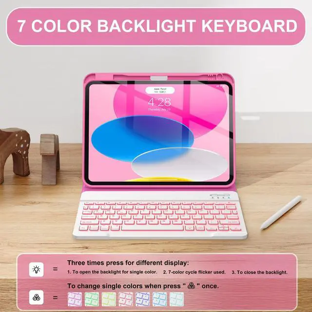 Alt view image 4 of 5 - Soke for iPad (A16) 11th/10th Generation Case with Keyboard(2025/2022)-7 Color Backlight Wireless Detachable Folio Keyboard Cover with Built-in Pencil Holder for iPad 11/10.9 inch, HotPink Marble
