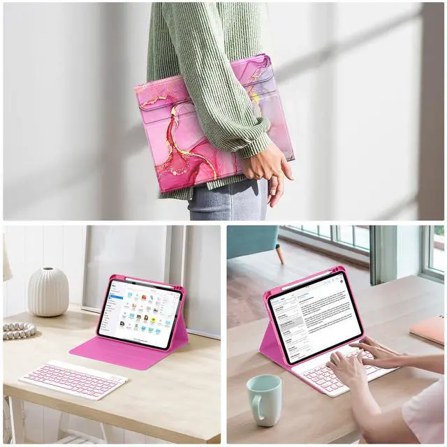 Alt view image 5 of 5 - Soke for iPad (A16) 11th/10th Generation Case with Keyboard(2025/2022)-7 Color Backlight Wireless Detachable Folio Keyboard Cover with Built-in Pencil Holder for iPad 11/10.9 inch, HotPink Marble