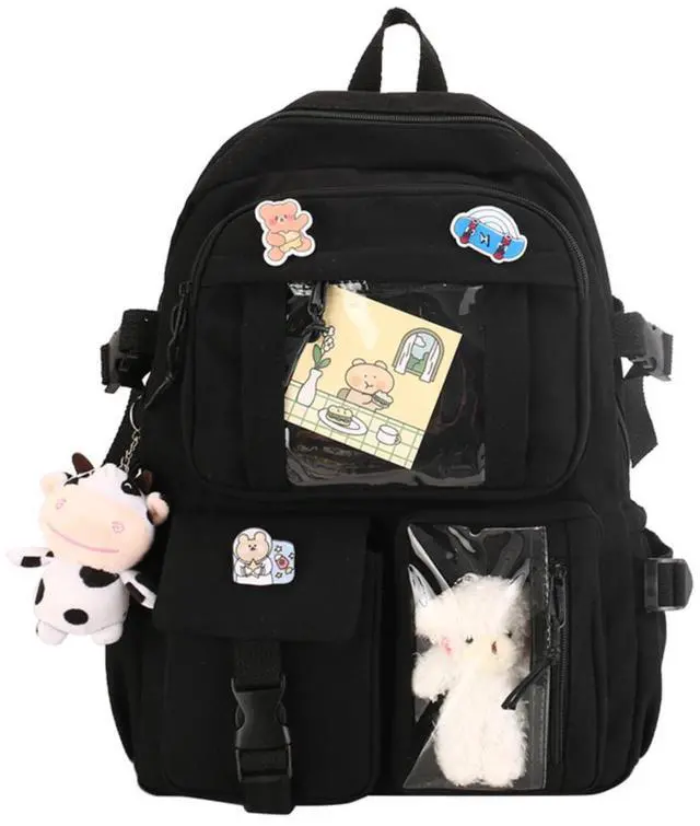 Main image of srdmuph Kawaii Backpack with Cute Accessories Pin Pendant Travel Laptop Bag Large Outdoor Waterproof Casual Daypack Women (Black)