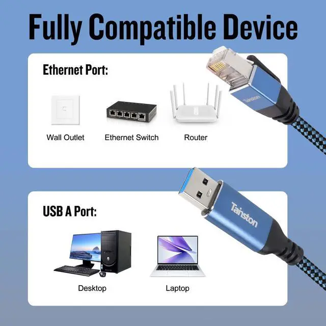 Alt view image 4 of 5 - Tainston USB to Ethernet Cable, 25Ft USB3.0 A to RJ45 Cable,USB3.0 A to Gigabit Ethernet Cable Compatible Laptop, PC, Switch, Router, Modem and More