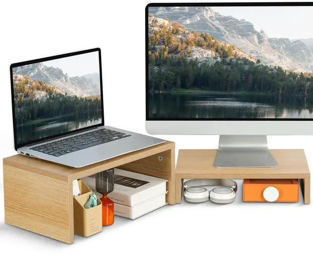 Main image of TEAMIX Pull Out Monitor Stand Riser-2 Pack,Wood 2 Tier Adjustable Monitor Stand Dual Monitor Riser for 2 Monitors/Laptop/PC Computer Stand Desktop Space Saver