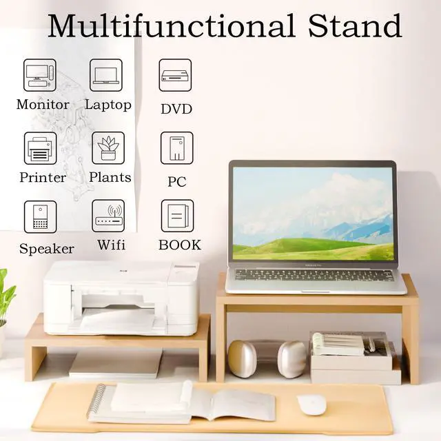 Alt view image 5 of 5 - TEAMIX Pull Out Monitor Stand Riser-2 Pack,Wood 2 Tier Adjustable Monitor Stand Dual Monitor Riser for 2 Monitors/Laptop/PC Computer Stand Desktop Space Saver